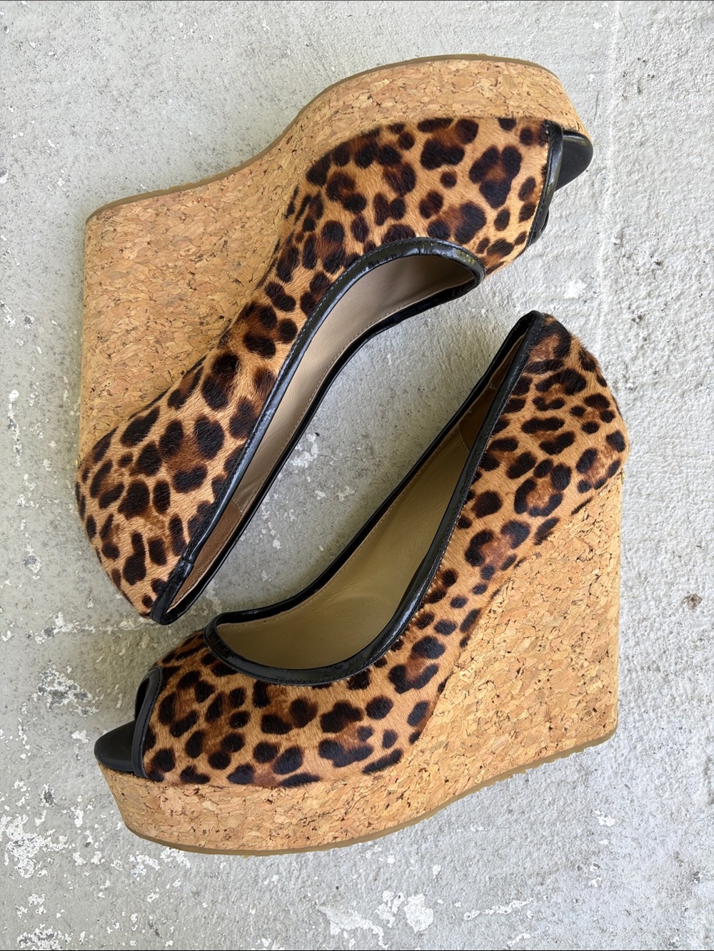 Jimmy Choo pony hair leopard print peep toe platforms